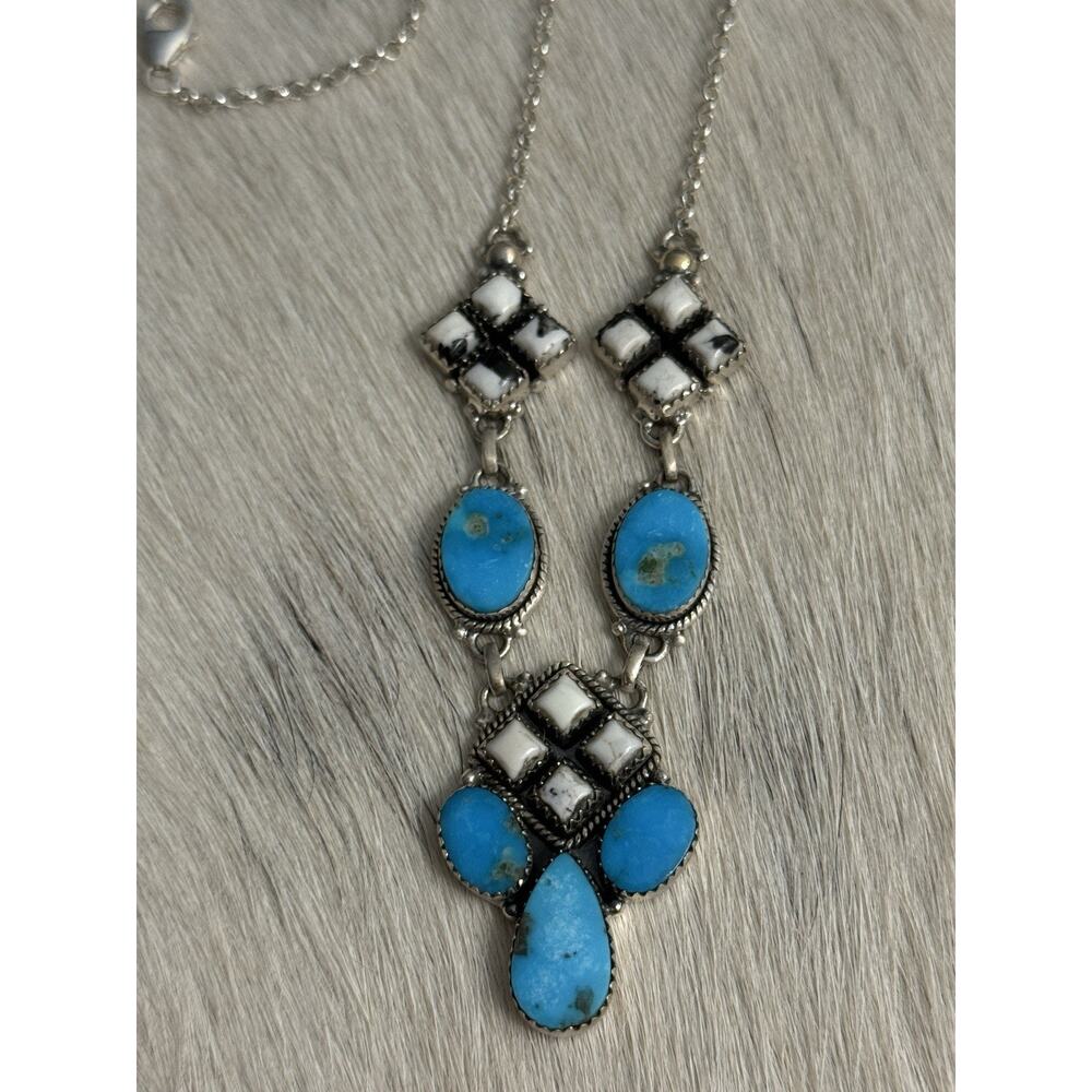 Sterling Silver Blue Kingman Turquoise White Buffalo Nugget Cluster Necklace 21” - Picture 15 of 16